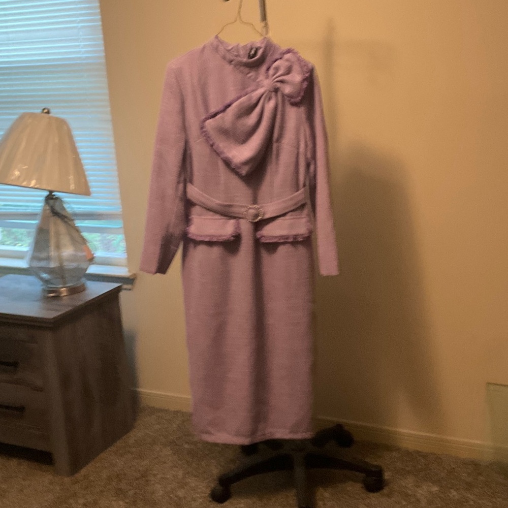 Lilac Bow-Tie Long Sleeve Midi Dress